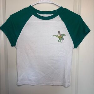 Desert Wild Green and White Dinosaur Cowgirl Raglan Tee Size L